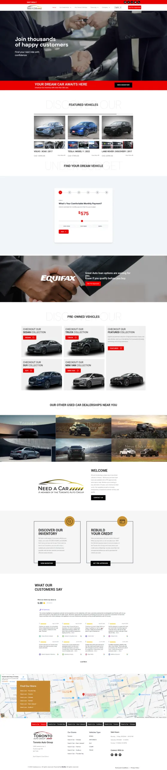 Image of a car dealership website showcasing featured vehicles, customer testimonials, and loan options, emphasizing the services of Frayze Technologies in enhancing business growth through CRM and automation solutions.